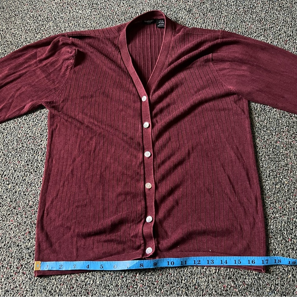 Maroon Burgundy Vintage 100% Silk Cardigan Ribbed Modest Long-Sleeve Sweater S - Picture 14 of 16